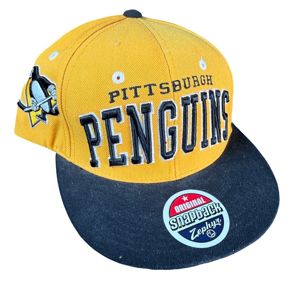 Zephyr Pittsburgh Penguins Hat Mens OSFA Yellow Black NHL Snapback Flat Brim Cap